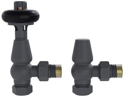 NRG Angled TRV and Lockshield Set, 15mm, Black Wheel, Anthracite | Black Hand Wheel, 15mm Connection, 1/2in Radiator Fit, Brass Body, Angled TRV, Lockshield Included, 10 Bar