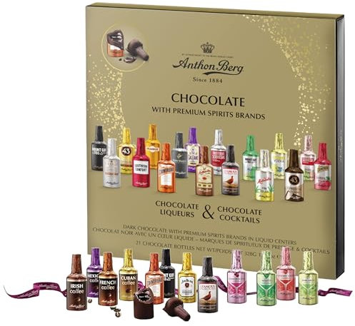 Anthon Berg Liqueur Chocolate Gift - 21 Dark Chocolate Liqueurs & Cocktails Miniature Alcohol Bottles Selection 328g with Topline Card. Novelty Gift for Christmas Stocking Fillers, Secret Santa Gifts