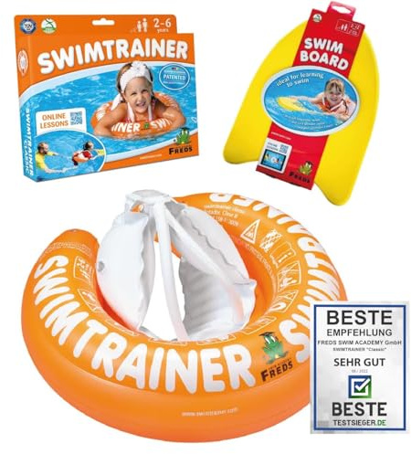 FREDS SWIM ACADEMY SWIMTRAINER Classic Orange + SWIMBOARD – Schwimmset für Kinder von 2 bis 6 Jahren, aufblasbare Schwimmhilfe & Schwimmbrett zur Wassergewöhnung und Schwimmförderung