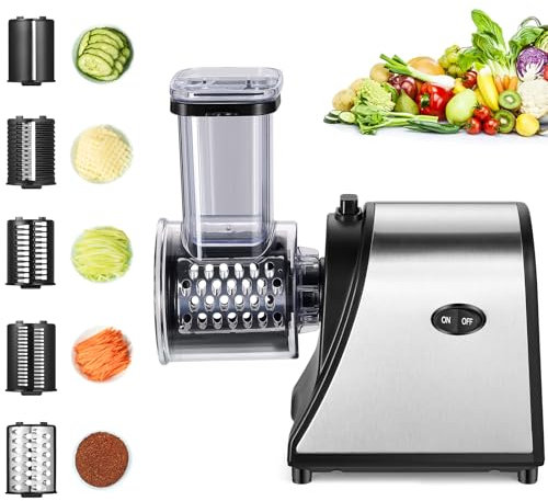 Cortador de verduras eléctrico, 250 W, cortador eléctrico de verduras, acero inoxidable, rallador de queso de acero inoxidable, gran calibre actualizado, multifuncional, con 5 cuchillas para