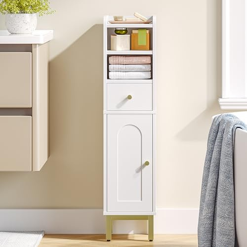 Hzuaneri Badezimmerschrank, Badschrank, Toilettenschrank mit Türen, Badschrank mit kleinen Schubladen, Schmales Badregal, Verstellbare Ablagen, für kleine Räume, 20 x 20 x 85 cm, Weiß BC19803G