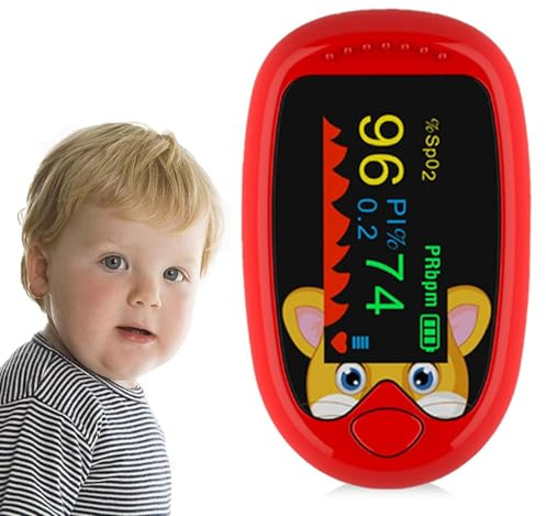 Pulse Oximeter for Kids (Aged 2-12) Rechargeable Children Oxygen and Heart Monitor Fingertip Blood Oxygen Meter Lanyard Portable Digital Oxygen Saturation Monitor (red)