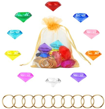 PEUTIER Chaos Emeralds and Rings Set, Include 10pcs Acrylic Crystal Diamond Gems with 10pcs Gold Power Rings Pirate Treasure Hunt Jewels for Kids Birthday Party Favor Supplies Cake Decoration