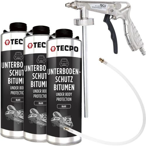 TECPO Bitumen Unterbodenschutz, 3 Liter Steinschlagschutz schwarz + Druckluft-Sprühpistole