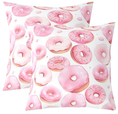 Homewish Set di 2 federe per cuscini con ciambelle rosa, design dessert, 55 x 55 cm, divertenti federe decorative per cuscino con stampa tradizionale americana per colazione e dessert