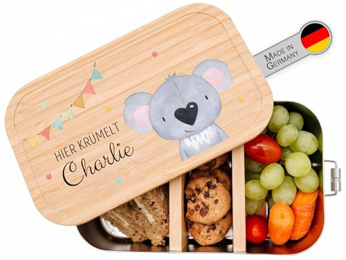 wunderwunsch® - Personalisierte Brotdose für Kinder - Robuste und Individuelle Edelstahl Brotdose mit Namen - Personalisierte Geschenke für Kinder (klein Edelstahl,Koala Girlande)