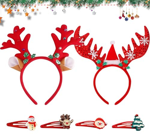 KIKVTER Haarreif Weihnachten, 2 Stück Glitzer Weihnachts Stirnbander, Rentier Geweih Kopfschmuck Haarband, Weihnachts Kopfschmuck, Weihnachtshaarreifen, Weihnachtsfeier Accessoire für Erwachsene