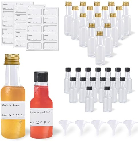 CNYMANY 30 mini botellas de licor, 1 onza/30 ml y 2 onzas/60 ml, plástico, transparente, a prueba de fugas, reutilizable, ideal para licor, artículos esenciales de cocina, viajes, fiestas, bodas,