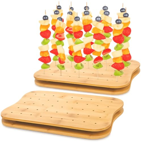 Acshio 2 Pack Bamboo Skewer Holder, 90 Holes Fruit Kabobs Cocktail Pick Stand, Appetizer Food Display Serving Curved Board for Party, Buffet, Catering Event