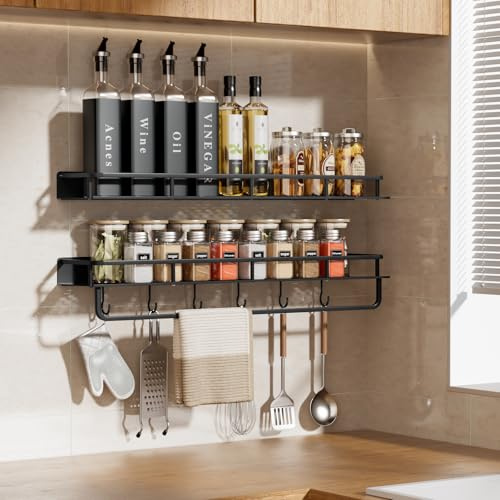 devesanter spice rack wall 2 pack 60cm with 6 hooks hanging kitchen shelf no drilling required hanging wall shelf for kitchen and bathroom organizer(Black)