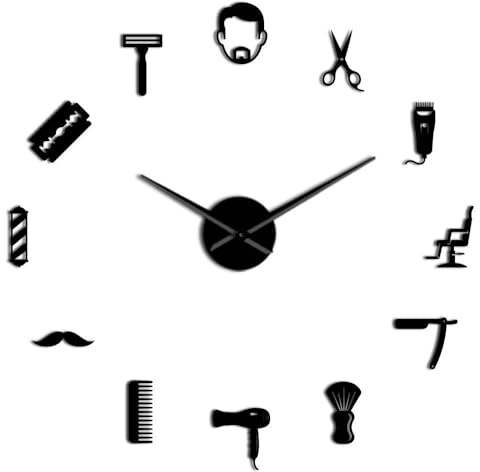 Generico Stile barba barbiere negozio Orologio da Parete Adesivo Moderno Senza Cornice Fai Da Te Design 3D Grandi Dimensioni per Soggiorno, Camera, Ufficio, Facile Installazione (nero,90CM)