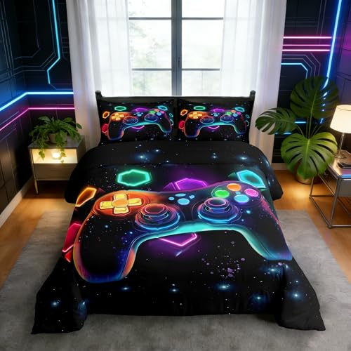 Homewish Gaming Bettwäsche 155x220 Kinder,Gamer Bettwäsche-Set Gamepad Regenbogen Sternenhimmel Gedruckt Videospiel Bettbezug für Jungen Teenager,Geometrie Sechseck Neuheit Spielzimmer Dekor 2 Teilig