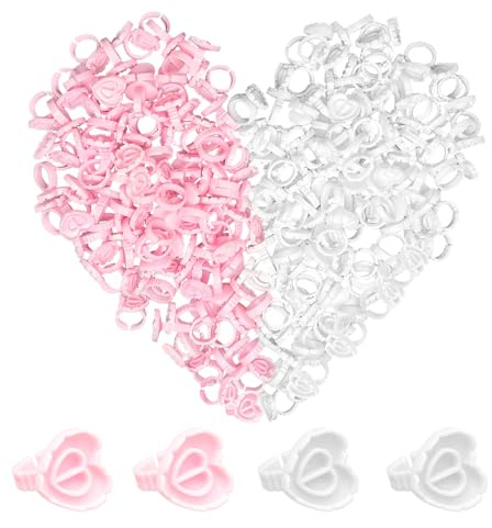 Anneaux de support de colle rose et blanc : 200 pièces en forme de cœur, support en plastique pour cils et fleurs, support multifonctionnel en forme de cœur pour extensions de cils tatouage