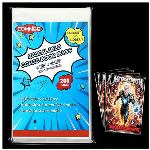 200ct Resealable Current Comic Book Bags - Acid-Free & Crystal Clear Comic Book Sleeves 6-7/8 x 10-1/2, Protect, Storage and Display Standard-Sized Modern Comics Collections