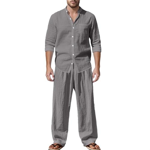 Caxndycing Freizeitanzug Herren Musselin Anzug Einfarbig Sommer Leicht Sportanzug Lässiges Jogginganzug Casual 2 Teiliges Langarmhemd und Sommerhose Stoff Sommeranzug