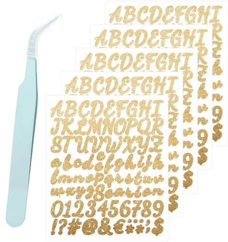 Buchstaben Aufkleber, 5 Blätter Goldene Glänzende Klebebuchstaben mit Pinzette, Wetterfeste Selbstklebende Buchstaben Sticker für Hochzeit, Geburtstag, Tür, Briefkasten, DIY