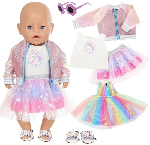 Dockkläder klänning för 35-45 cm babydocka, med lila jacka fjäril tyllkjol regnbåge klänning väst topp skor solglasögon (ingen docka)