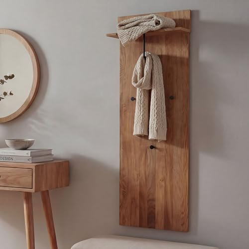 MCA Garderobenpaneel HWC-P55 Massiv-Holz Ablagefläche Haken, Eiche | Wandgarderobe, Garderobe, 135x42x22cm