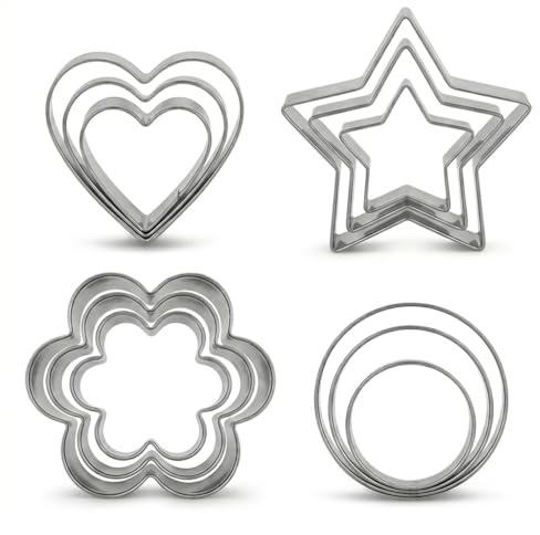 12 Pcs Cookie Cutters Set, Stainless Steel Biscuit Cutters for Baking, Heart Star Flower Round Cookie Cutter Set, Small Metal Cutters for Cookies Cakes Fruits, Valentines Cookie Cutters