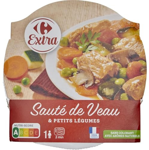 CARREFOUR EXTRA - Plat Cuisiné - Sauté de veau et Petits Légumes - Sans Colorant Avec Arômes Naturels · Prêt en 2 min au Micro-Ondes · 1 Portion - la barquette de 280g - Le Lot De 4