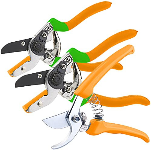 Royal Gardineer Garten Werkzeug: Gartenscheren-Set mit 1 Bypass- & 2 Amboss-Scheren, 19 cm & 21,5 cm (Pflanzenschere, Ambossgartenschere, Ratschenschere)