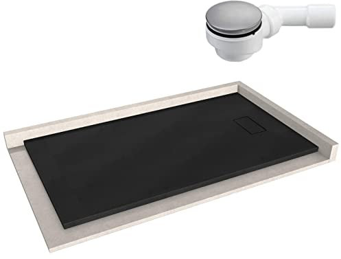 BERNSTEIN Duschtasse 90x160 cm Schwarz matt Flache Bauhöhe, Duschwanne der GT-SERIE aus SMC, Rechteckiges Duschbecken mit Gefälle, SMC -Duschwanne komplett mit Ablaub Typ B