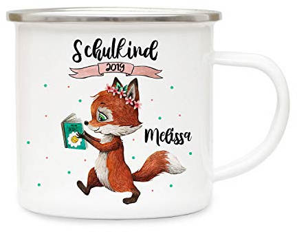 ilka parey wandtattoo-welt Emaille Becher Einschulung Camping Tasse Fuchs mit Buch Spruch Schulkind 2019 & Name Wunschname Kaffeetasse Geschenk eb437