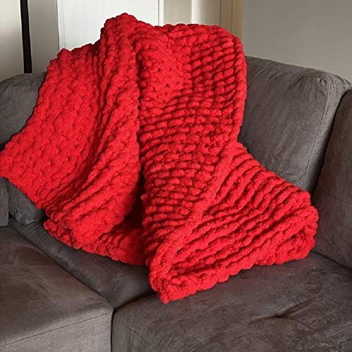 DIRUNEN Chenille Gestrickte Decke Grob Kuscheldecke Wolldecke Strickdecke Tagesdecke Überwurf Decke Zuhause Dekor Geschenk fürs Sofa(Rot 100×100 cm)