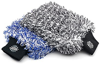 The Rag Company - Cyclone Ultra Wash Mitts - 70/30 'Gauntlet' Blend Korean Microfiber, Foam Padding, Scratch-Free, Lint-Free, Great for Rinseless Washing, 8in x 9in, Blue + Black (2-Pack)