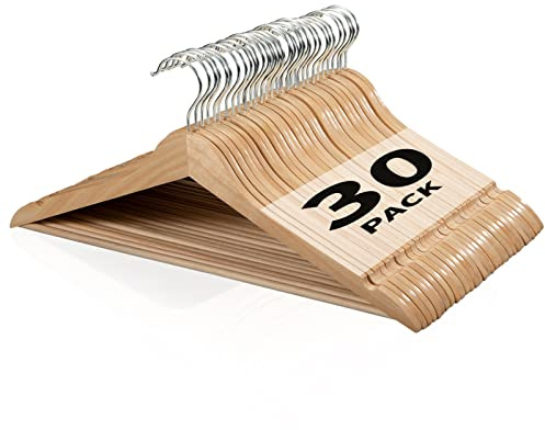 Edergoo Wooden Hangers 30 Pack, Smooth Surface Wooden Coat Hangers Adult, 360° Swivel Hook and Precisely Cut Notches Wood Hanger for Clothes, Suit, Jacket, Dress, Natural