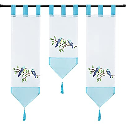 Joyswahl Voile Scheibengardine Miniflächenvorhänge mit Schlaufen Küchengardine mit Vogel Stickerei Muster 3er Set Kurzstore Bistrogardine Blau (20 cm breit, 1 x 50 cm Länge und 2 x 70 cm Länge)