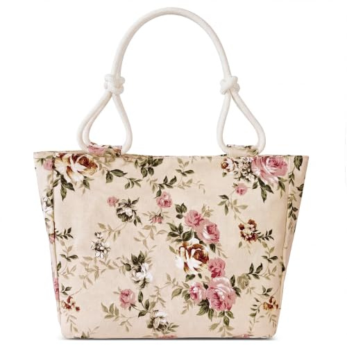 FORRICA Große Handtasche Damen Blumenmuster Canvas Shopper Schultertasche | Leichte Tasche mit Reißverschluss, Baumwoll-Tragegriffen und Vintage Rose Design für Alltag, Reise, Arbeit und Strand