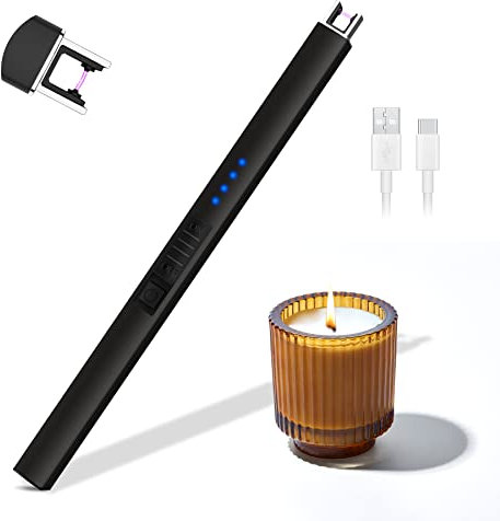 Rouclo Encendedor Eléctrico Con Arco Para Velas y Cocina - Indicador de Batería, USB Recargable - Para Gas, Chimenea, Barbacoa, Camping (Negro)