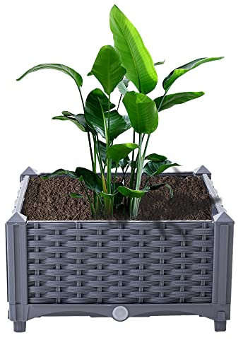Mingone Jardinière de Jardin Bac à Fleurs en Rotin Pot de Fleurs d’extérieur Carré Potager Pot Plante avec Trou de Drainage pour Jardin Balcon Terrasse (40 x 40 x 23cm, Gris)