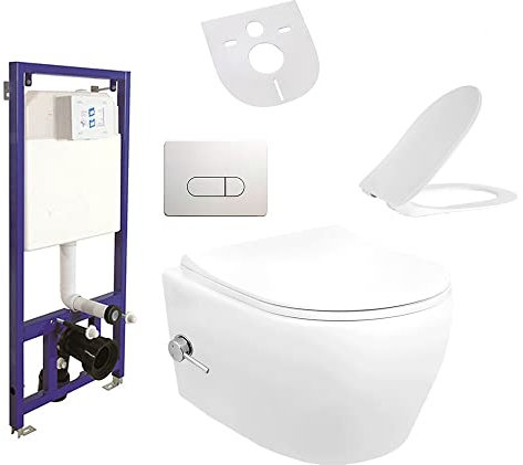 ALONI Hänge-WC Komplettset, spülrandlos, Taharet mit Kalt-/Warmwasserarmatur aus Edelstahl, Vorwandelement 3/6 L, Tanktiefe 80 mm, Softclose Duroplast, Drückerplatte, hohe Tragkraft, Weiß