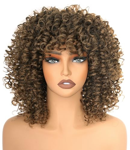 PORSMEER Lockige Afro Perücke Braun Natürliche Kunsthaar mit Pony für Frauen Schulterlänge Afro Kinky Curly Bob Wig Volume für Schwarze Damen,14 Zoll