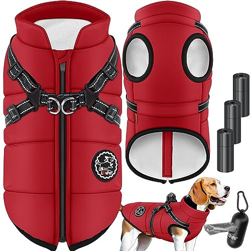 LOVPET® Hundejacke Hundemantel mit Geschirr, inkl. 45 Stück Kotbeutel + Spender, Hunde Winterweste gefüttert wasserdicht, Gepolsterte Weste Mit Brustgurt, Reflektoren, D-Ring 5XL, Bordeaux Rot