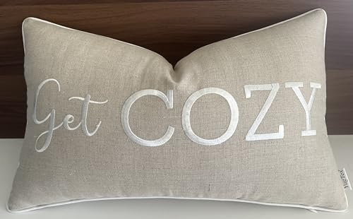 YugTex Get Cozy Quote Lumbar Pillow Cover 12x20 - Natural Linen Embroidered Accent