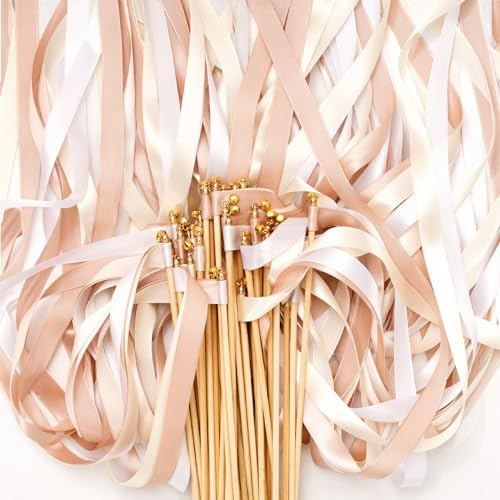 Whaline 40Pcs Wedding Ribbon Sticks with Bells White Champagne Streamers Fairy Stick Wands Ribbon Tassel Wands for Baby Shower Send Off Party Activities Holiday Celebration Supplies