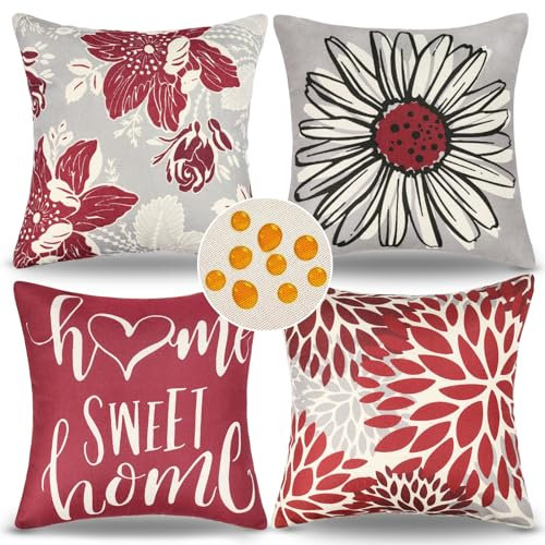 LRartdeco Kissenbezug Rot 40x40cm Outdoor Kissen Wetterfest 4er Set Blumen Muster Kissenhülle Bauernhaus Bunte Dekokissen Wasserdicht Sofakissen Bezug für Home Büro Garten Sofa Kissen Deko
