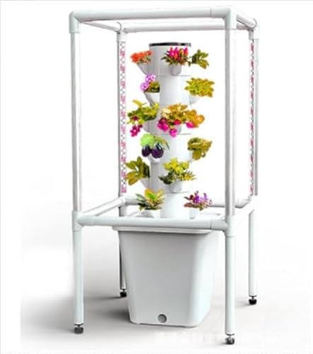 Indoor Herb Garden Hydroponics Tower Garden Hydroponic Growing SystemKit with Hydrating Pump, Net Pots and Timer, for Herbs, Fruits and Vegetables (Size:20 Holes,Color:White Water Tank)