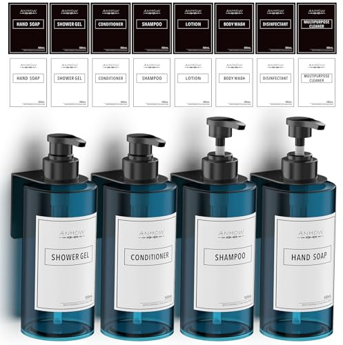 Anhow 4er 500ml Seifenspender Wandbefestigung Set Duschgelspender Seifenspender Wand Ohne Bohren mit Trichter und Wasserdichten Etiketten für Küche Bad Handseife Shampoo Spülmittel Duschgel, Blau