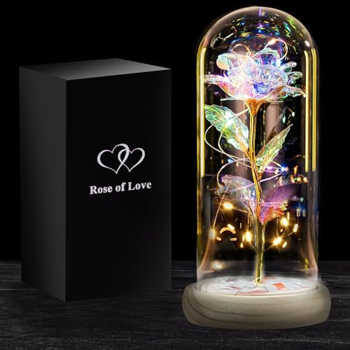Rosa Eterna con Led | Regalo Romántico para Mujer | Flor Artificial La Bella y la Bestia | con Leds, Campana de Cristal, Caja de Regalo | Día de San Valentín, de la Madre, Boda | OriginalCorner®
