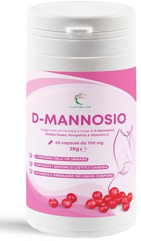 D Mannosio Cistite FloTreeLab®, Integratore Vie Urinarie Donna Uomo Naturale, D-Mannosio Puro 2000 mg con Mirtillo Rosso, Pompelmo, Vitamina C, 40 Capsule