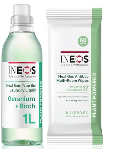 INEOS Next-Gen Cleaning Products Bundle, Non Bio Laundry Washing Liquid Detergent, 33 Washes (1L), Geranium + Birch + Antibac Multi-Room Disinfectant Biodegradable 60 Wipes, Bergamot + Cedarwood