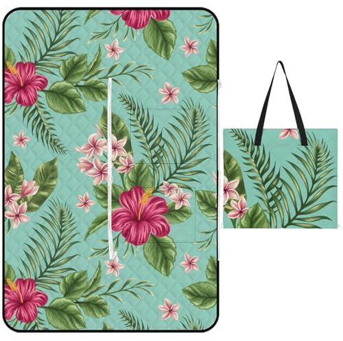 JZemdybill Picknickmatte mit Reißverschluss, tropische Hawaii-Blätter, Blumen, Picknickdecke, Outdoor-Teppiche, 150 x 100 cm