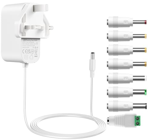 Tonton 12V 2A DC Power Supply UK Plug AC Adapter with 8 DC Plug Tips, 24W AC/DC Power Adapter Cord, Male 5.5x2.1mm with 8 Tips for LED Strip Light, CCTV Camera, BT Speaker, GPS, Webcam, Router (White)