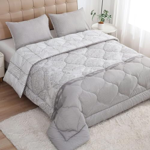 Bettdecke 200x220 Ohne Bezug Nutzbar, Blumenliniendruck Bettdecken Waschbar Ganzjahresdecke Retro Stil 4 Jahreszeiten Steppdecke, Bettzeug Microfaser mit 2 Kissenbezug für Sommer Winter Doppelbett