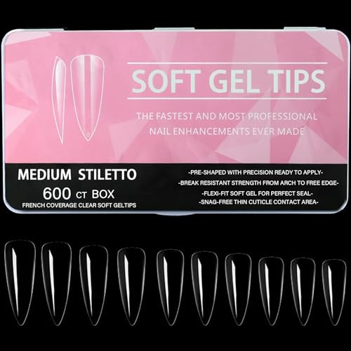 Luoqun88 Lot de 600 faux ongles en gel souple – Matériau ABS transparent, forme aiguille, couverture complète, 12 tailles, 1 lot
