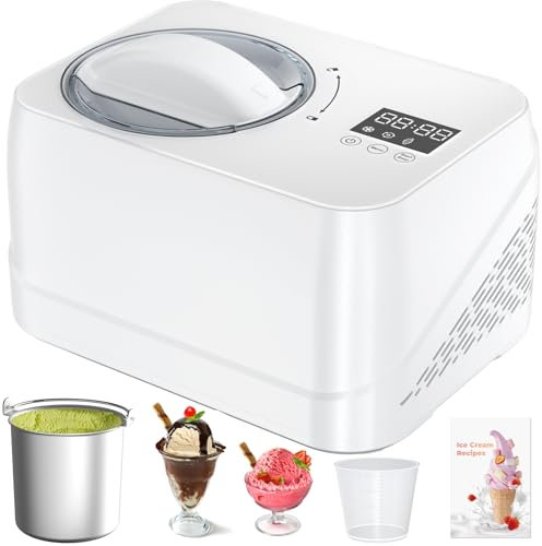 Heladera con Compresor, Maquina de Helados Doméstico Sin Precongelación, Máquina Para Hacer Helados 1L, Heladera Eléctrica con Cubo de Aluminio Extraíble/Receta/Espátula/Medidor